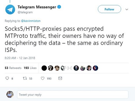 تایید امنیت پروکسی تلگرام در توئیتر این کمپانی
